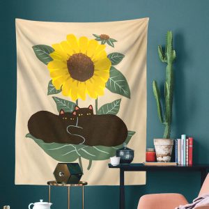 Sunflower Black Cat Tapestry Aesthetic Room Decor